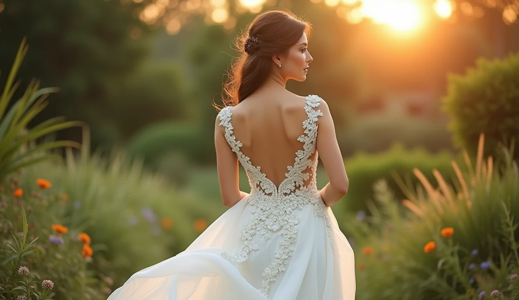 In a breathtaking garden setting, a bride wears a white Thai-inspired wedding gown with delicate silk draping and floral patterns, her serene beauty accentuated by the gentle glow of the golden hour