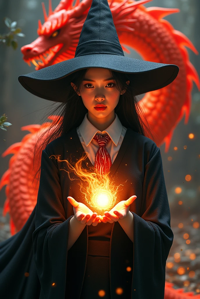 photo, asian woman, white skin, Turn your face and look straight ahead., Black fluffy hair, Wear a black witch hat, Black witch cloak, The inner shirt is a white collar with a white and red tie., Holding a fireball, Behind is a red dragon floating.
