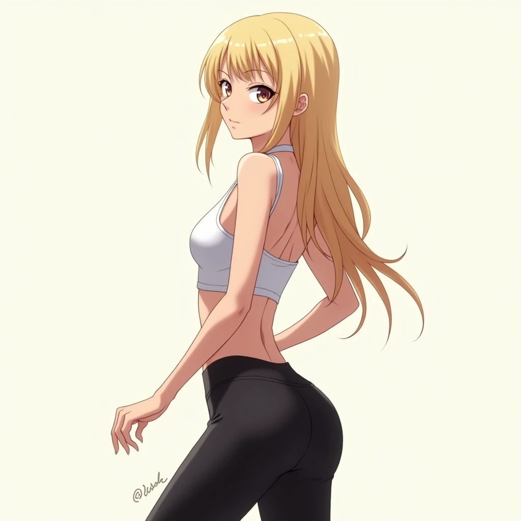 anime girl, long blonde hair, plain background, white tank top, slightly exposed midriff, tight black yoga pants, tall, hourglass figure, prominent hips, from behind, looking to the front, walking and swaying hips.