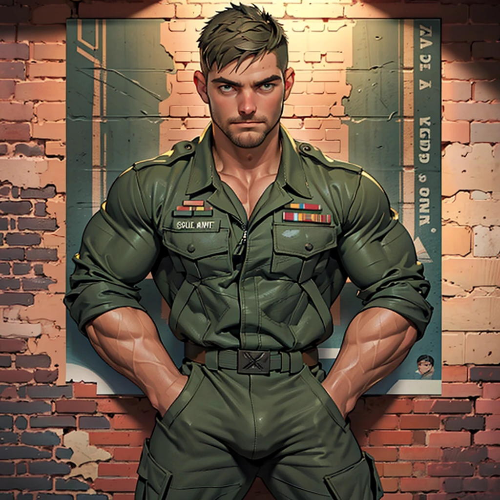 32k, high quality , detailed face , detailed hands , detailed muscles , stephen amell standing and posing as a military man ,standing with spread legs, showing his muscles and bulge , ((background brick wall with lot of army posters ))