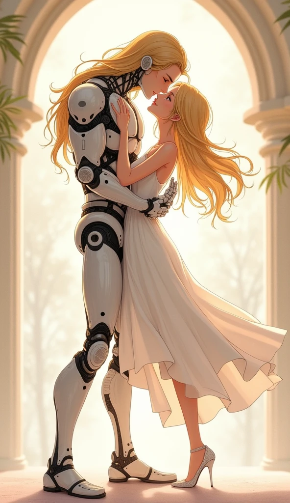 Anime robot blonde girl and blonde long hair human handsome face robot man, White Dress, White high heels, Pretty face, Full Height, She hugs her robot boyfriend who has long blonde hair、to kiss