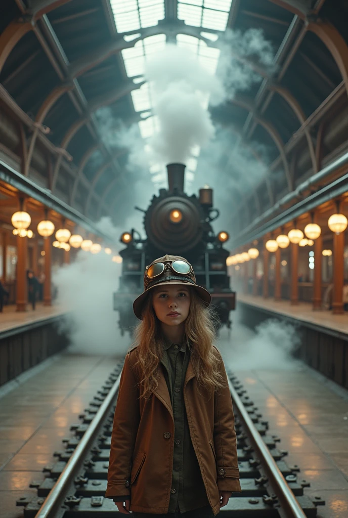 1 girl, aviator hat , solo, steam punk, train station, , steam, smoke, masterpiece, highly detailed,HDR,8k resolution, best quality,