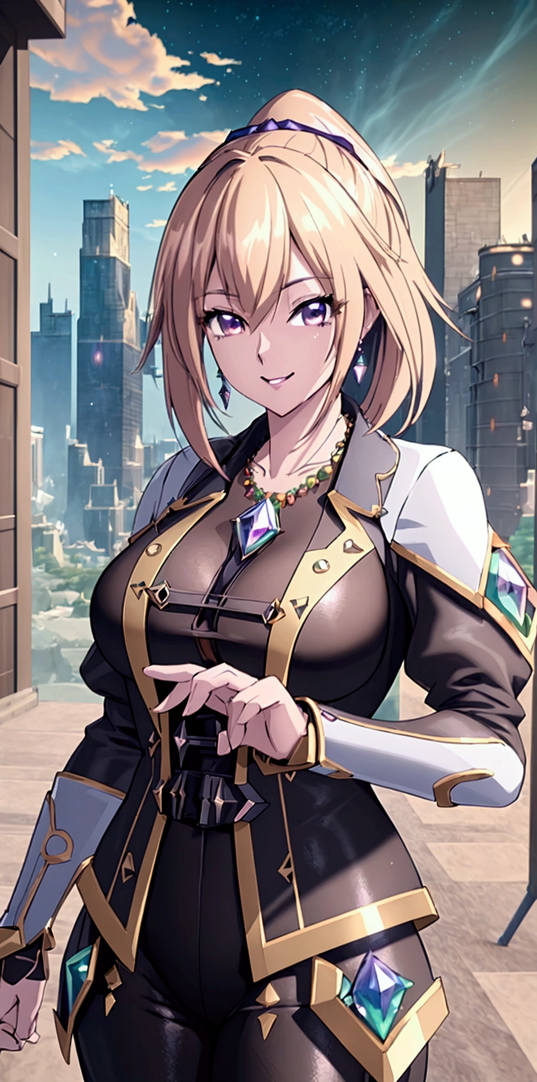 ((Highest quality、masterpiece、best quality,unreal engine,unity 8k wallpaper,anime style,animation style、High resolution、8k、detailed、ultra-detailed:1.3)),smile, elegant adult woman,Dynamic movement,Western-style large room,Beautiful gemstone necklace、Exquisitely crafted earrings,(((((Different world,Outside the city,Steppe zone:1.2)))))