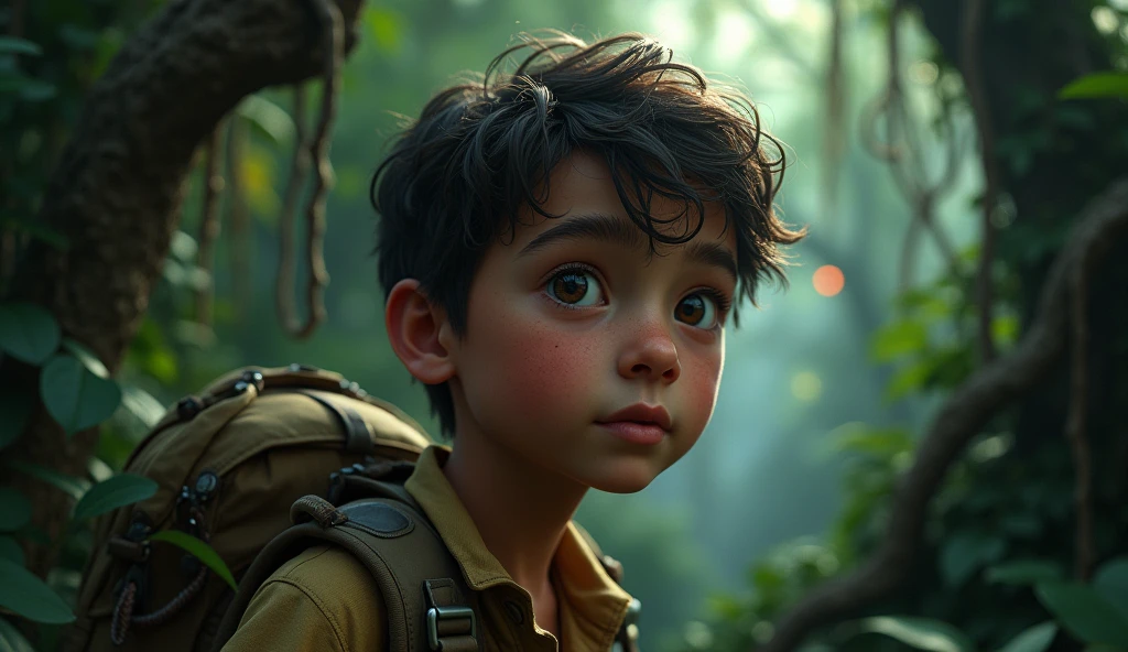 A close-up of a young explorer, Aidan, walking through a dense, dark jungle. The trees are towering above him, with thick vines hanging down. The atmosphere should be mysterious and foreboding, with shadows and distant glowing eyes in the foliage.

