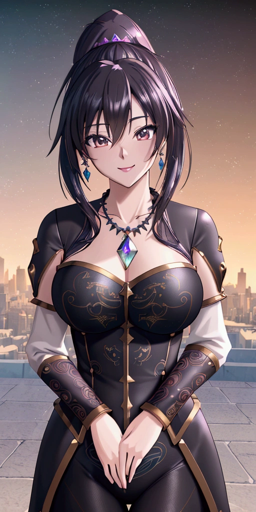 ((Highest quality、masterpiece、best quality,unreal engine,unity 8k wallpaper,anime style,animation style、High resolution、8k、detailed、ultra-detailed:1.3)),smile, elegant adult woman,Dynamic movement,Western-style large room,Beautiful gemstone necklace、Exquisitely crafted earrings,(((((Different world,Outside the city,Steppe zone:1.2)))))