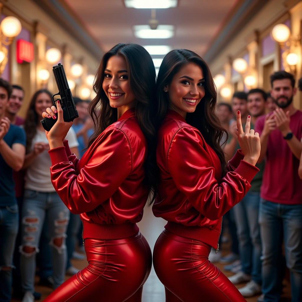 wide depth of field, wide depth of focus, f/11 lens setting, all objects in focus, full color image, 2 laughing women standing back to back, posing with pistol held strait up by face, looking at camera ,large fraternity house game room, full body image, (red satin bomber jackets with white trim, shiny satin pants), women posing with a pistol held up by face, one girl makes peace sign with hand, long flowing hair (one raven haired, one brunette) , confidant smile, pure form, intricate details, 8K post-production, high resolution, super detailed, Popular topics on Artstation,, Studio photos, intricate details, Very detailed, she stands in the middle of the room and she is surrounded by a large (all male) group of cheering young men wearing jeans and t-shirts who are all standing in the background