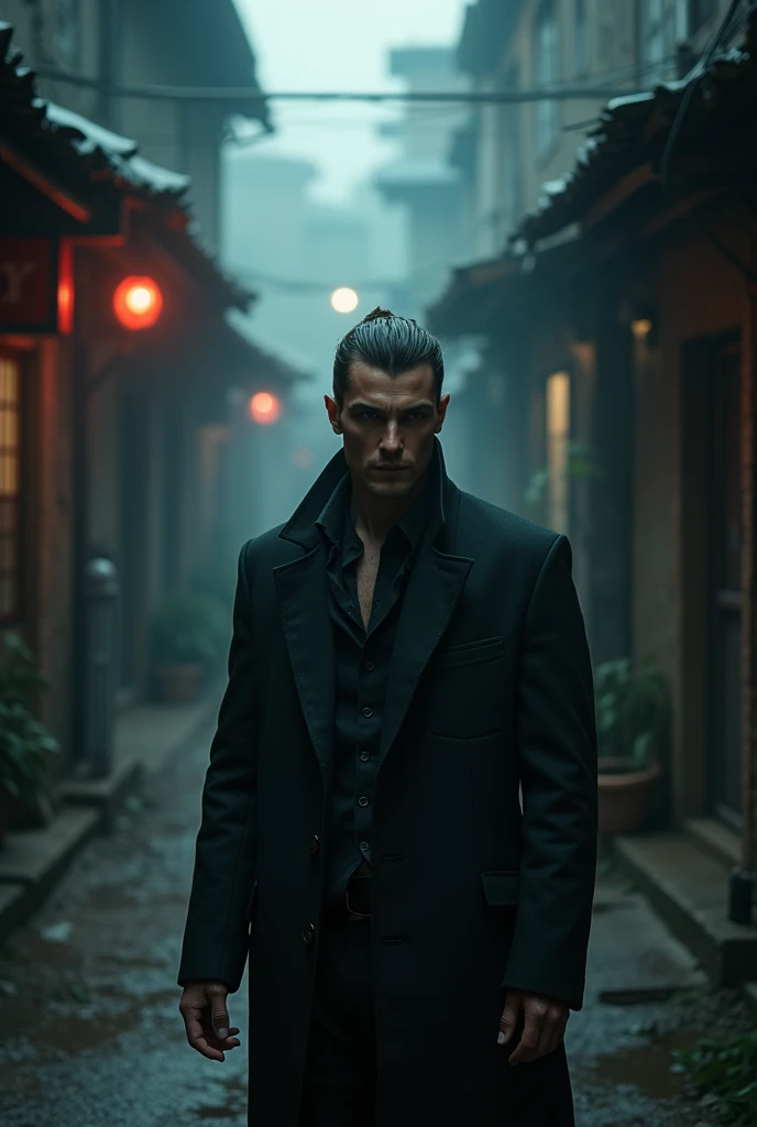 a handsome man in a dark, mysterious village, dramatic lighting, detailed facial features, piercing eyes, chiseled jawline, dark clothing, moody atmosphere, cinematic composition, gritty urban setting, dramatic shadows, muted color palette, grunge, gothic, concept art style, (best quality,4k,8k,highres,masterpiece:1.2),ultra-detailed,(realistic,photorealistic,photo-realistic:1.37)