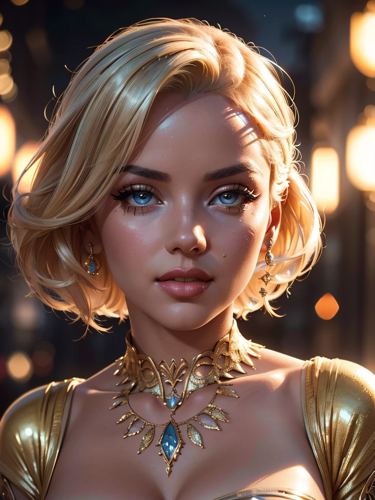 A beautiful, busty Marilyn Monroe wearing a white and gold silk sci-fi dress, garter stockings, and high heel boots, (best quality,4k,8k,highres,masterpiece:1.2),ultra-detailed,(realistic,photorealistic,photo-realistic:1.37),HDR,UHD,studio lighting,ultra-fine painting,sharp focus,physically-based rendering,extreme detail description,professional,vivid colors,bokeh,science fiction,conceptart,detailed face,detailed eyes,beautiful eyelashes,full lips,jewelry,intricate details,dramatic lighting,cinematic composition