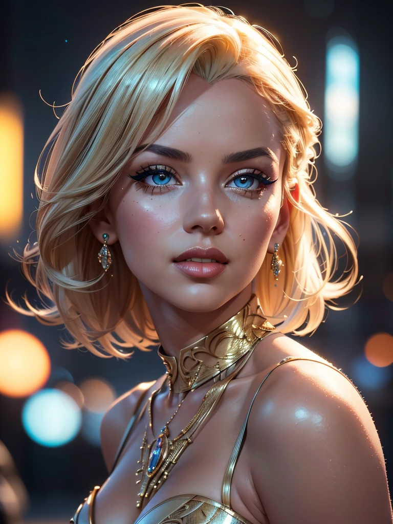 A beautiful, busty Marilyn Monroe wearing a white and gold silk sci-fi dress, garter stockings, and high heel boots, (best quality,4k,8k,highres,masterpiece:1.2),ultra-detailed,(realistic,photorealistic,photo-realistic:1.37),HDR,UHD,studio lighting,ultra-fine painting,sharp focus,physically-based rendering,extreme detail description,professional,vivid colors,bokeh,science fiction,conceptart,detailed face,detailed eyes,beautiful eyelashes,full lips,jewelry,intricate details,dramatic lighting,cinematic composition