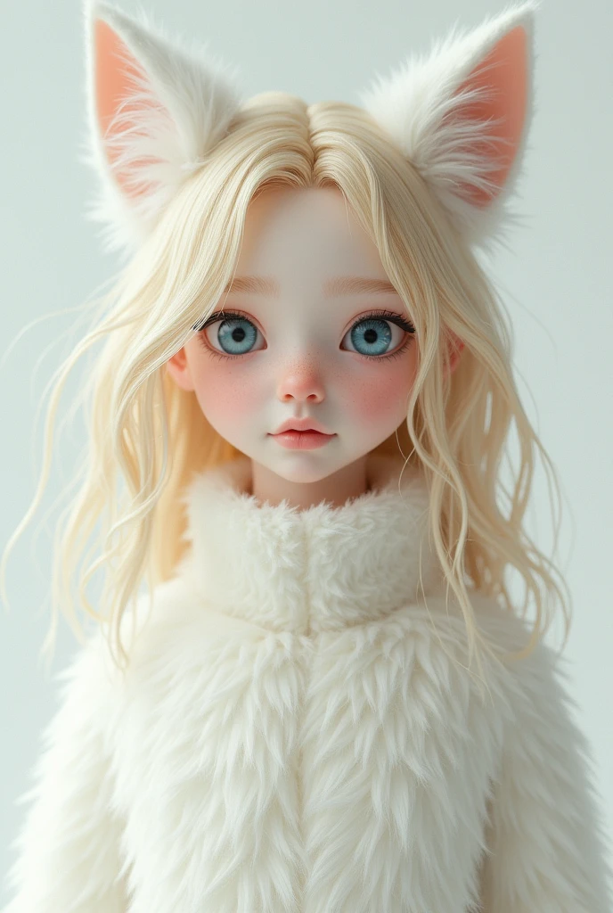 Young adult blonde , blue eyes, white, wavy fur