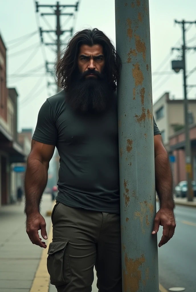 There is a strong hairy and bearded Iranian man standing, hidden behind an electricity pole on the sidewalk. 