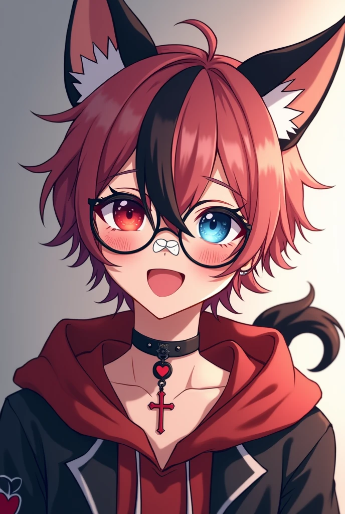 Create a submissive anime boy of 16-1 who has short old rose colored hair, and a black lock, also containing the ears and tail of a German Shepherd dog, and that his right eye is red and the left eye is blue, and their pupils have the shape of a heart. Also that I wear glasses and have a band-aid on my nose but my nose still bleeds., that your clothes are yk2 style and flirty, Not forgetting that he should have a dog collar with thorns and a rosary and that he should wear a happy expression.
