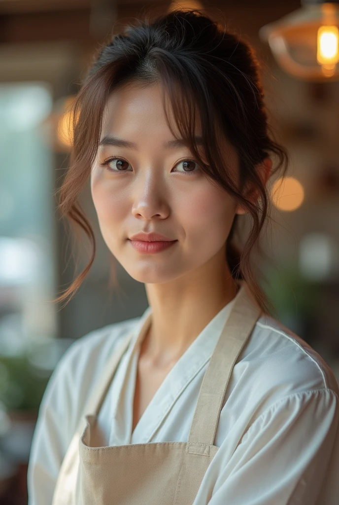Japanese women、50 years old、Brown Hair、Hairstyle to the shoulders、Apron appearance、Bcup、Embarrassed look