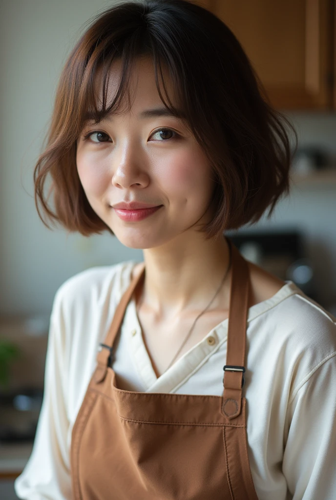 Japanese women、50 years old、Brown Hair、Hairstyle to the shoulders、Apron appearance、Ｂcup、Embarrassed look