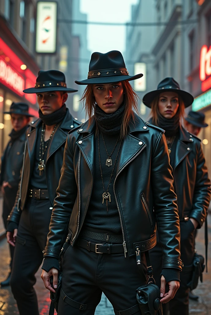 Men's hat and scarf, Trendy Art Station, Punk outfits, Detailed hyper-realistic rendering, British gang members, Street Style, Threatening Posture, Cat Planet, fashionable costume, Urban warrior, Meow, West Slavic characteristics, 8 1 5