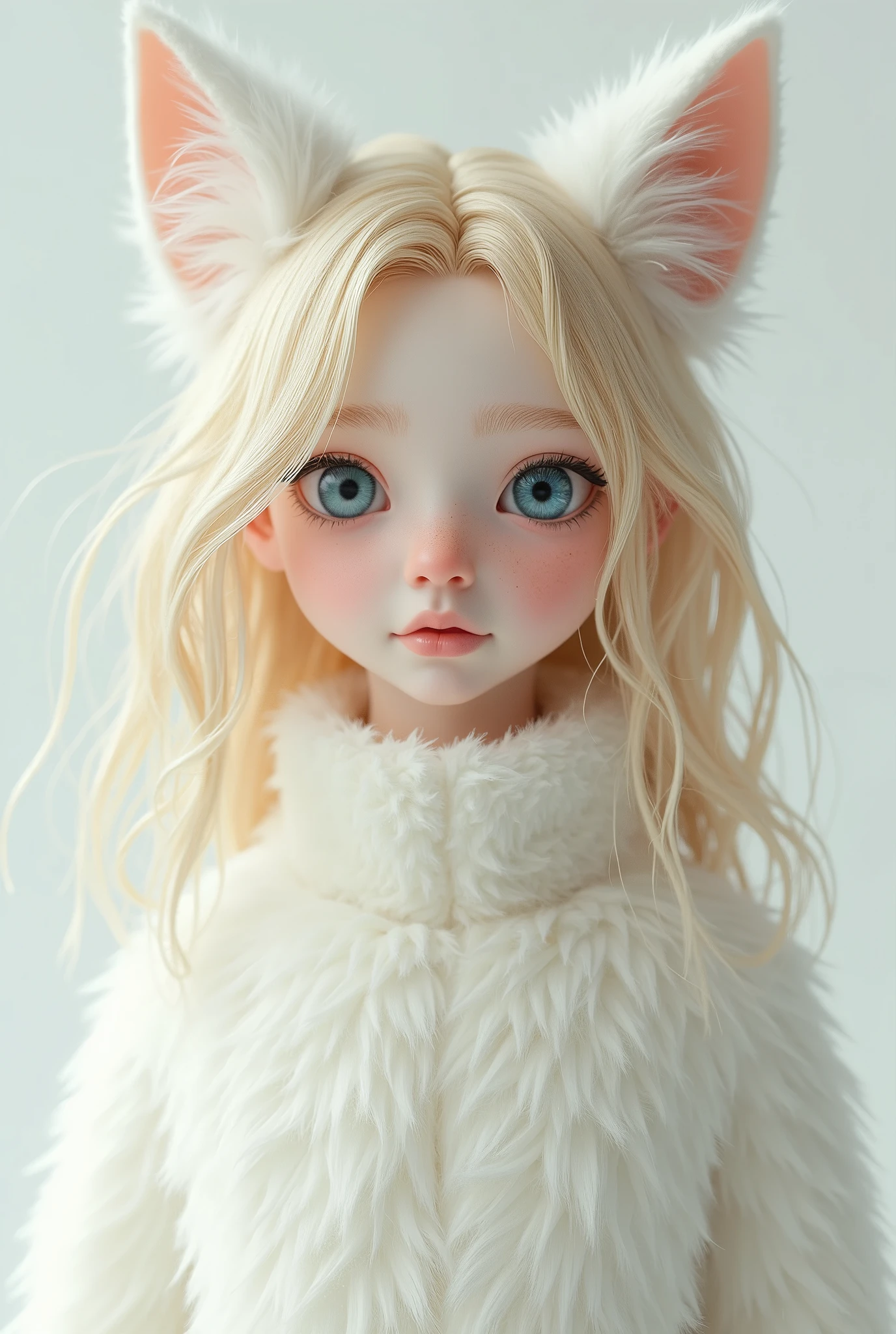 Young adult blonde , blue eyes, white, wavy fur