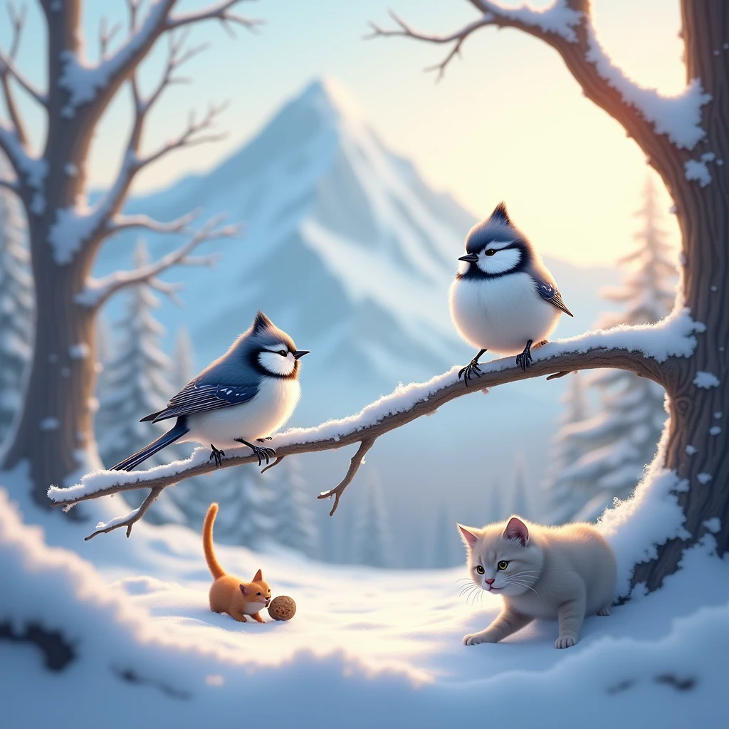 Snow Mountain、Long-tailed Tit、White fluffy bird、Snowy days、木の枝にとまるLong-tailed Tit、A close-up of a cat trying to eat a nut、Beautiful sunlight through the trees