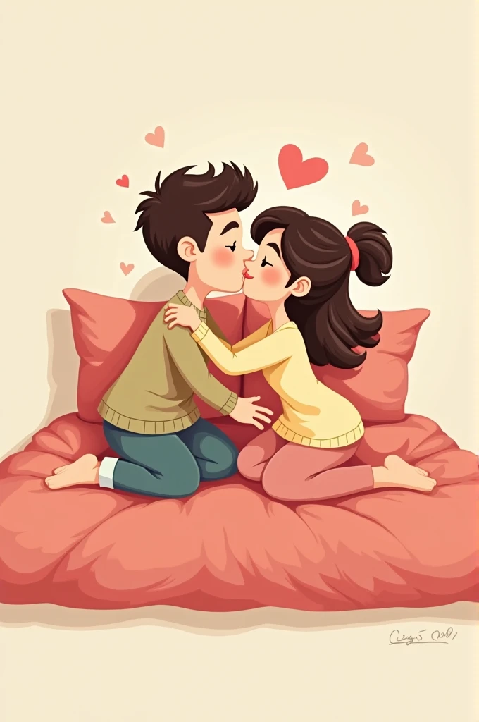 Couple on bed kissing each other cartoon pic