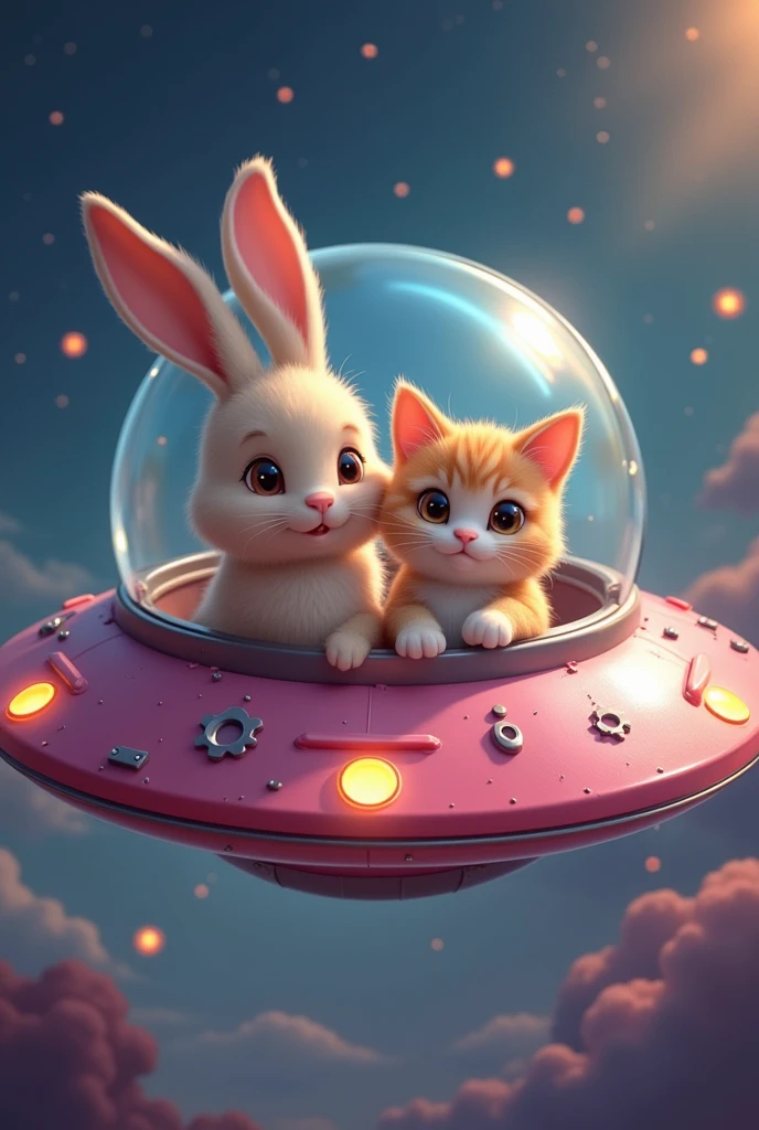 Cute Rabbit and cute cat on ufo