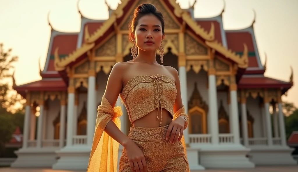 sabaithai A woman in an opulent traditional Thai outfit, posing confidently in front of a majestic royal palace, with golden light illuminating her figure, enhancing the intricate details of her attire.