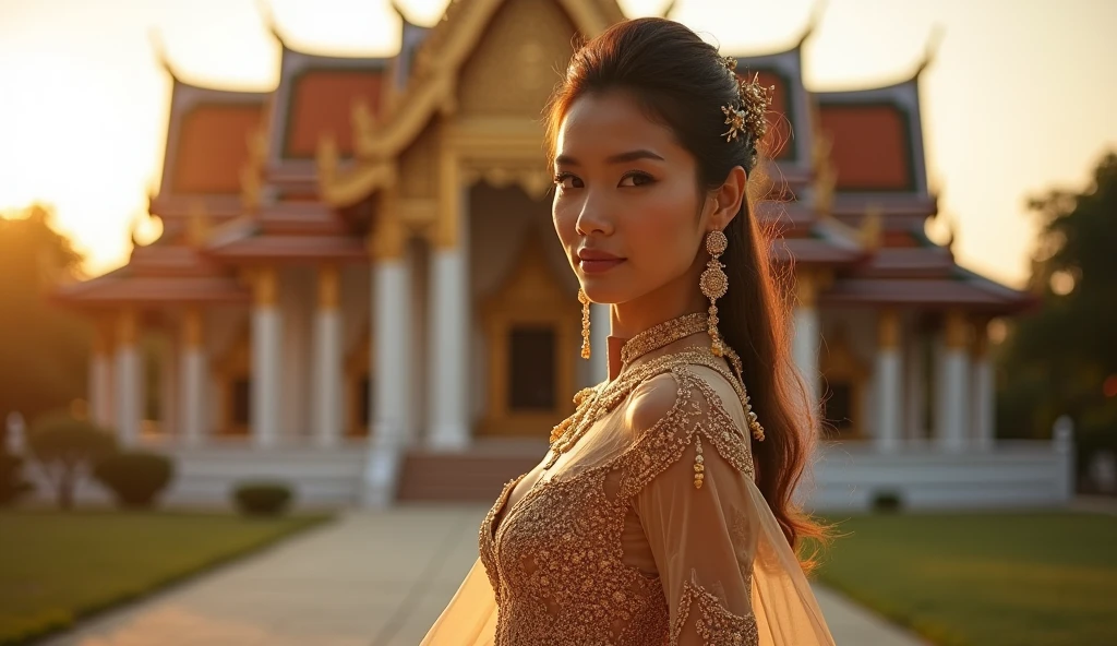 sabaithai A woman in an opulent traditional Thai outfit, posing confidently in front of a majestic royal palace, with golden light illuminating her figure, enhancing the intricate details of her attire.