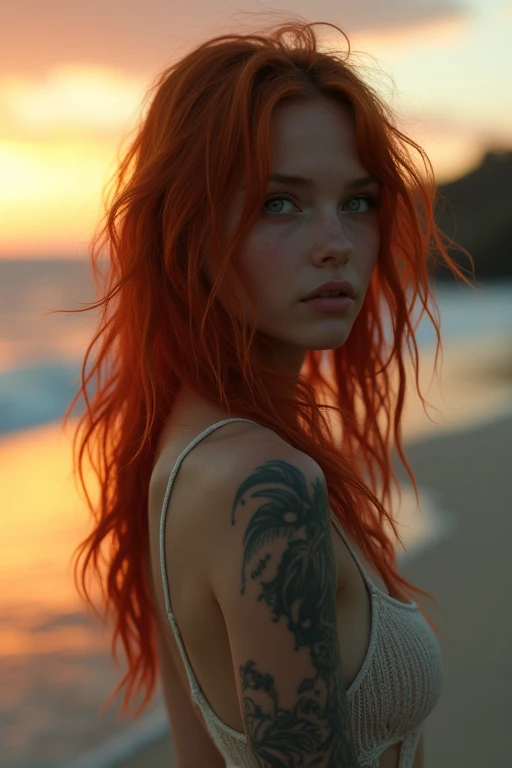 very detailed, 16K high resolution, incredibly detailed image, cinematic, best quality, masterpiece, realistic, detailed face, detailed background, dramatic lighting, A girl, 2, she is alone, beautiful, natural red hair, straggly and messy wavy hair. Extremely detailed facial expressions with sharp and piercing green eyes. A delicate, slightly cheeky face, subtly made up. ((She is tattooed and pierced, large tubes in her ears.)), She has (very small breasts) and a slim figure, in good shape. Her height is about 1.70 meters. Mystical evening atmosphere with sunset by the sea. She is taking a walk on the beach and is wearing light, summery clothes.