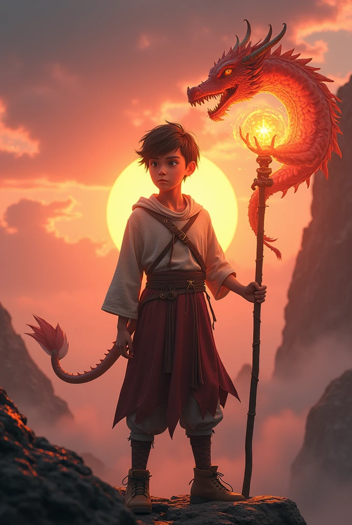 A captivating 3D render of a cinematic poster featuring Lean, a young boy with a troubled past, embarking on a quest for love and friendship. His inner self is depicted as a majestic dragon, symbolizing his hidden strength and resilience. The dramatic backdrop showcases a vast, enchanting landscape with a setting sun, casting warm hues of orange and pink across the sky. Lean, dressed in a tattered yet determined outfit, stands tall with a determined gaze, holding a staff that glows with an inner fire. The overall atmosphere of the poster is filled with hope, courage, and the power of self-discovery.