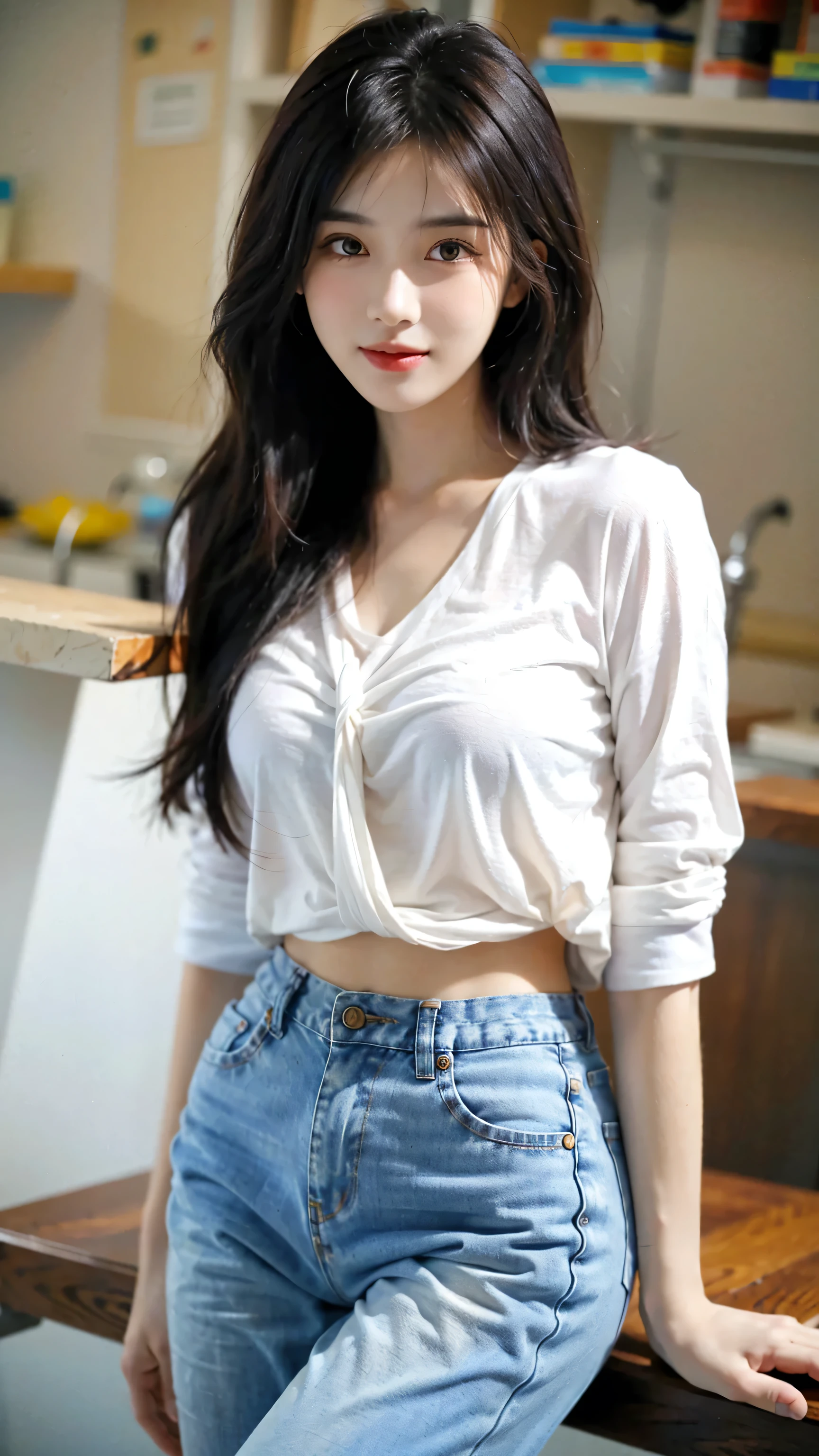 (8k, RAW Photo, Best Quality, Masterpiece:1.2), table top, Ultra Detail, Super Resolution, (Realistic, Realistic Photo:1.37), Portrait, High Detail RAW Color Photo, Professional Photo, Extremely Detailed and Beautiful, Extremely detailed, 8k wallpaper, amazing and detailed, huge file size, official art, highly detailed CG unity 8k wallpaper, highly detailed beautiful girl, highly detailed face, highly detailed eyes, highly detailed skin, highly detailed fingers, highly detailed nose, very detailed detailed mouth , perfect anatomy, highly detailed background, highly detailed clothes, 1girl, 1 girl, cute girl, realistic body, fair skin, glowing skin , slim body, handsome body, black hair , semilong hair, (blunt bangs:1.2), smile, cute, youthful, cute face, realistic face, delicate eyes, drooping eyes, looking at viewer, facing front, standing posture, Contraposto, (medium chest), (Perfect Body Proportions), (slender Body Proportions), super sexy pose, (white shirt), (jeans pants), (authentic bar),