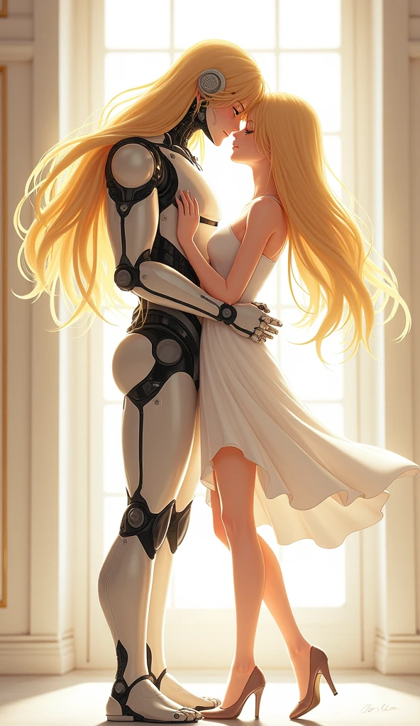 Anime robot blonde girl and blonde long hair human handsome face robot man, White Dress, White high heels, Pretty face, Full Height, She hugs her robot boyfriend who has long blonde hair、to kiss