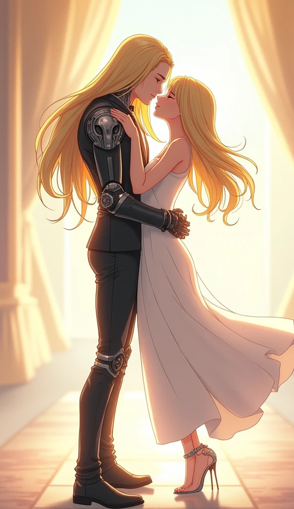 Anime robot blonde girl and blonde long hair human handsome face robot man, White Dress, White high heels, Pretty face, Full Height, She hugs her robot boyfriend who has long blonde hair、to kiss