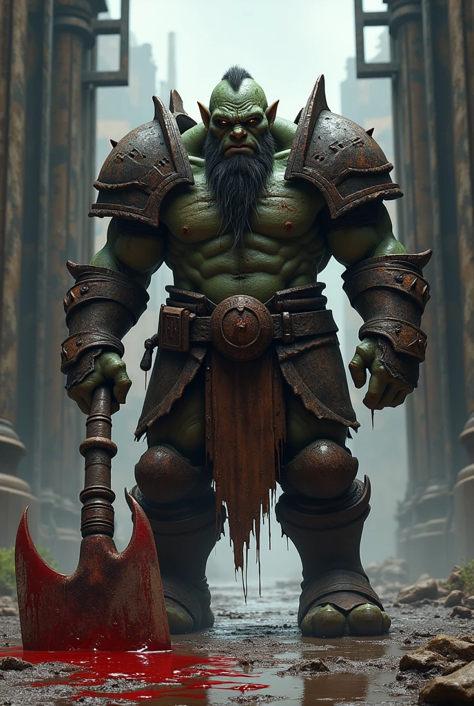 create a very detailed fearful orc heavy knight heavy torn armor full of dent of war, gripping a very gigantic axe with blood dripping from the edge, looking angrily at viewer, the look from the orc's eye instill fear to those he look. standing in front of the city gate. the blood are dripping from the axe, emanating the sense of fear to the people in the city, the rust in the axe and the orc's armor make the orc's more fearful to the people.