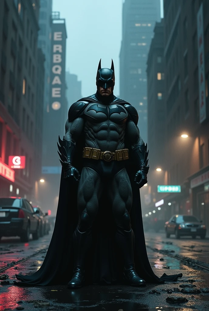 Batman standing
on the ground in gotham city