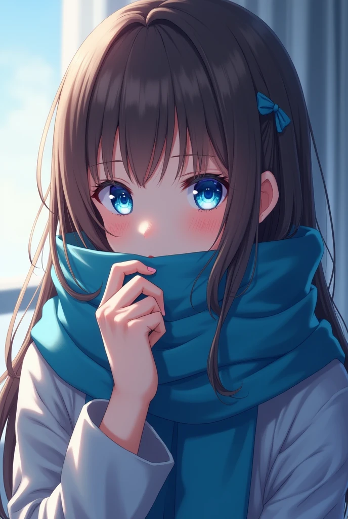 Anime Girl, Blue scarf, Blue Eyes, and Long brown hair, Covering her mouth with scarf