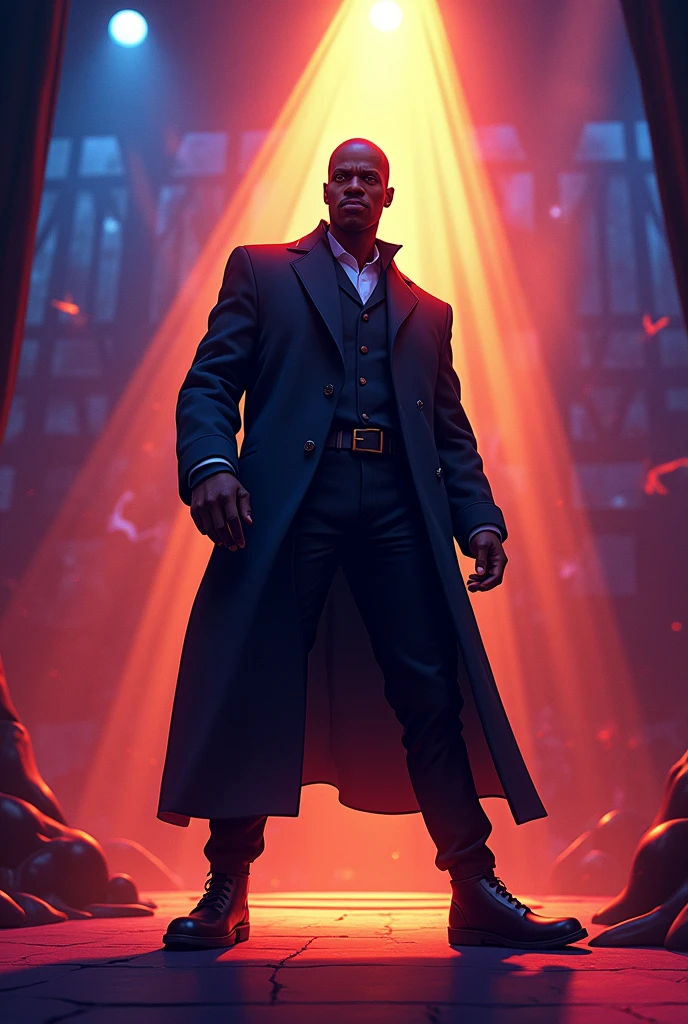 Poster for a theatrical show with a black actor,bald and tall, in animation image 
