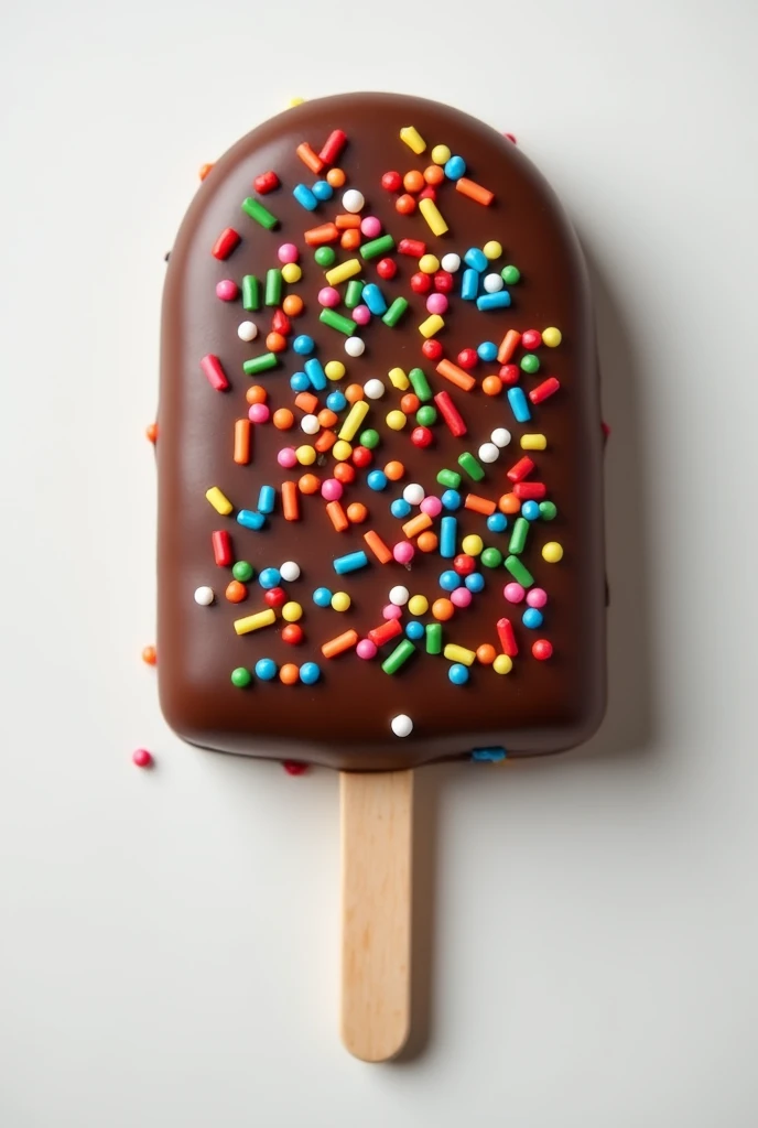 Chocolate covered sandwich cookie with colorful sprinkles on a popsicle stick