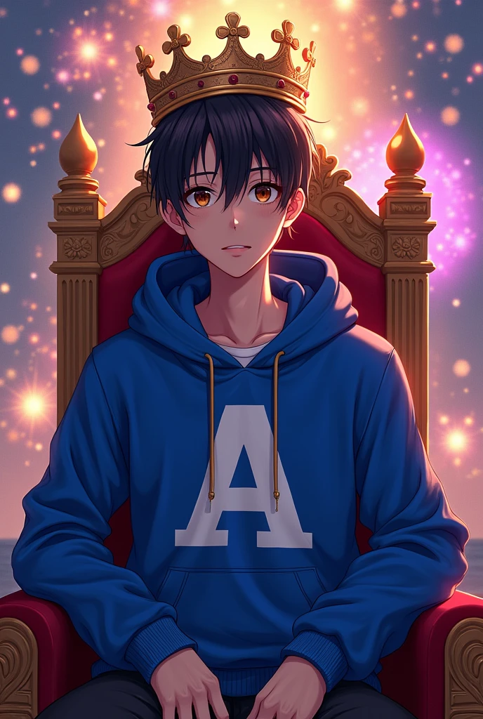 A handsom tenage anime boy wearing a royal blue hoddy printed white letter A and sitting on a thron with crown on his head and sitting like a king have big and attractive drown eye's with cool hair style with a beautiful background in night crackers flying in the sky which makes the boy look more good