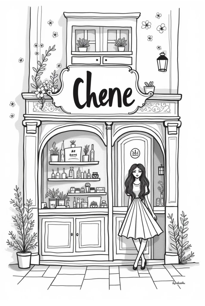 I wrote the word Chene and drew a cute illustration of a beauty salon in black lines.