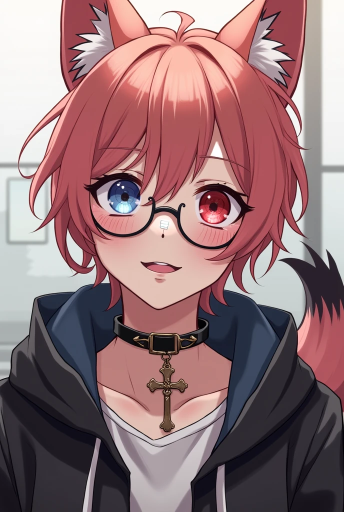 Create a submissive 20 year old anime boy with short, old rose colored hair, and a black lock, also containing the ears and tail of a German Shepherd dog, and that his right eye is red and the left eye is blue, and their pupils have the shape of a heart. Also that I wear glasses and have a band-aid on my nose but my nose still bleeds., that your clothes are yk2 style and flirty, Not forgetting that he should have a dog-type collar with thorns and a rosary and that he should have a happy expression and look cute.