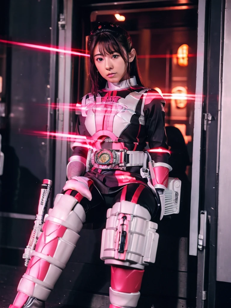 Sentai Heroine,cockpit,Harness Belt,White and dark pink combat uniform,