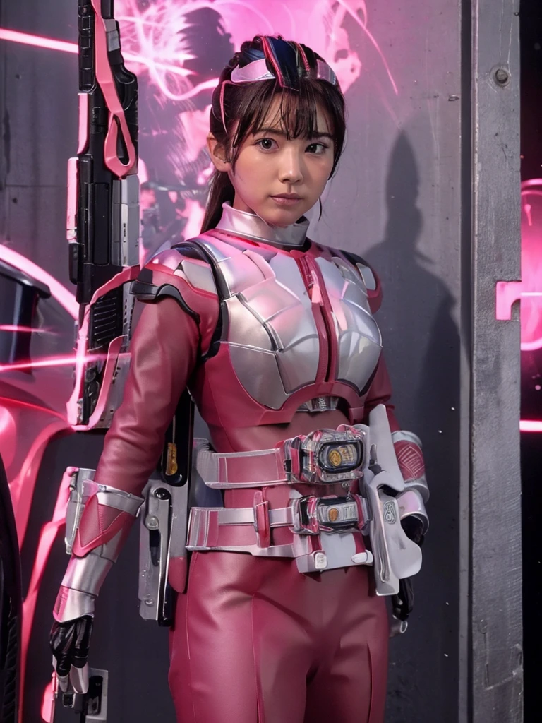 Sentai Heroine,cockpit,Harness Belt,White and dark pink combat uniform,