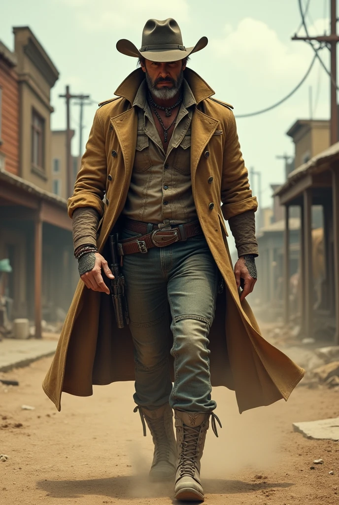 cowboys are walking through a dusty town with a gun in hand, cyberpunk wild west, post - apocalyptic cowboy, jesse mccree, western gunslinger, mccree from overwatch, gunslinger, the gunslinger, gungrave, western steampunk cyborg, in red dead redemntion 2, dressed as a western sheriff, cowboy, rugged male ranger in battle