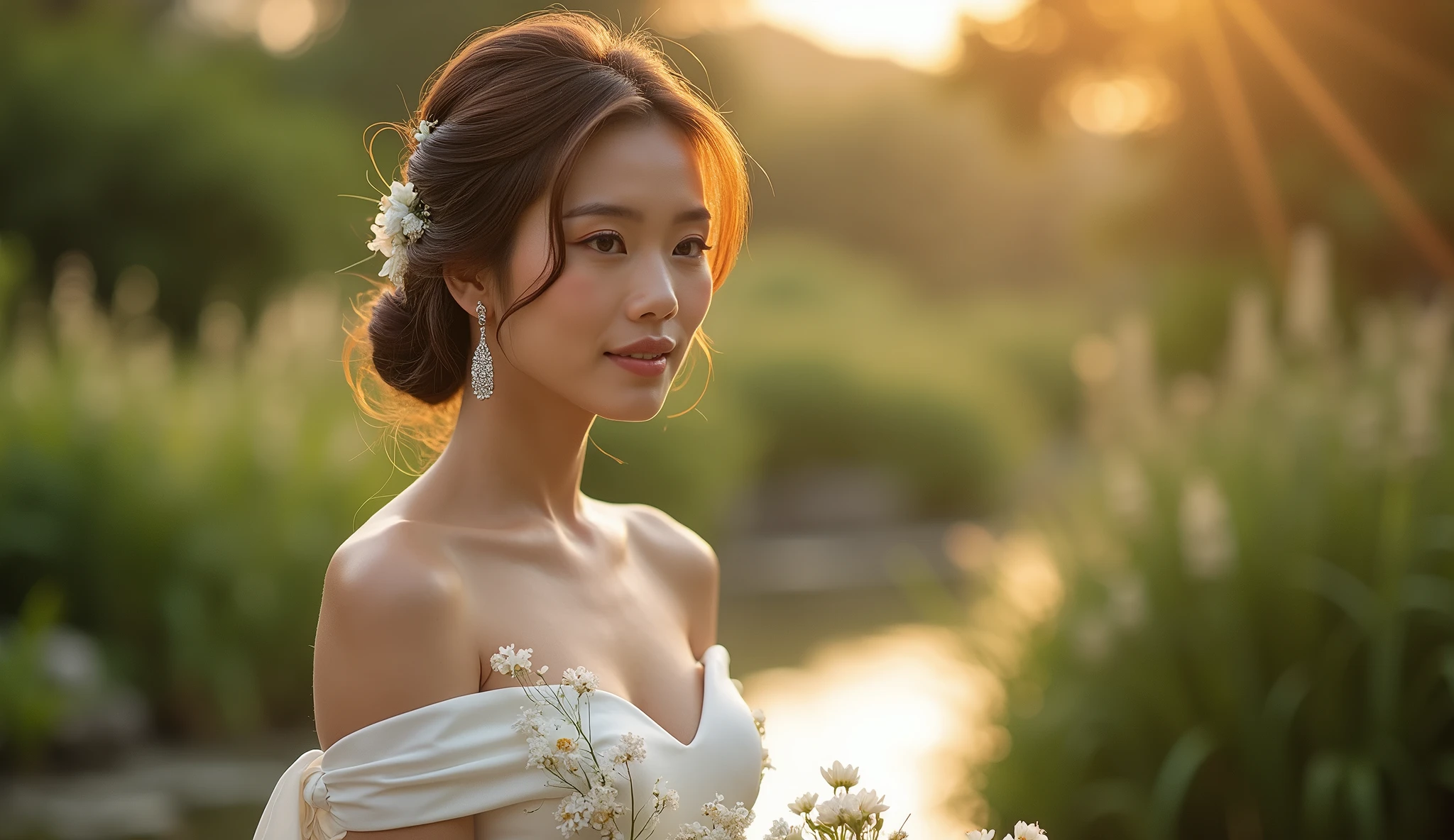In a breathtaking garden setting, a bride wears a white Thai-inspired wedding gown with delicate silk draping and floral patterns, her serene beauty accentuated by the gentle glow of the golden hour