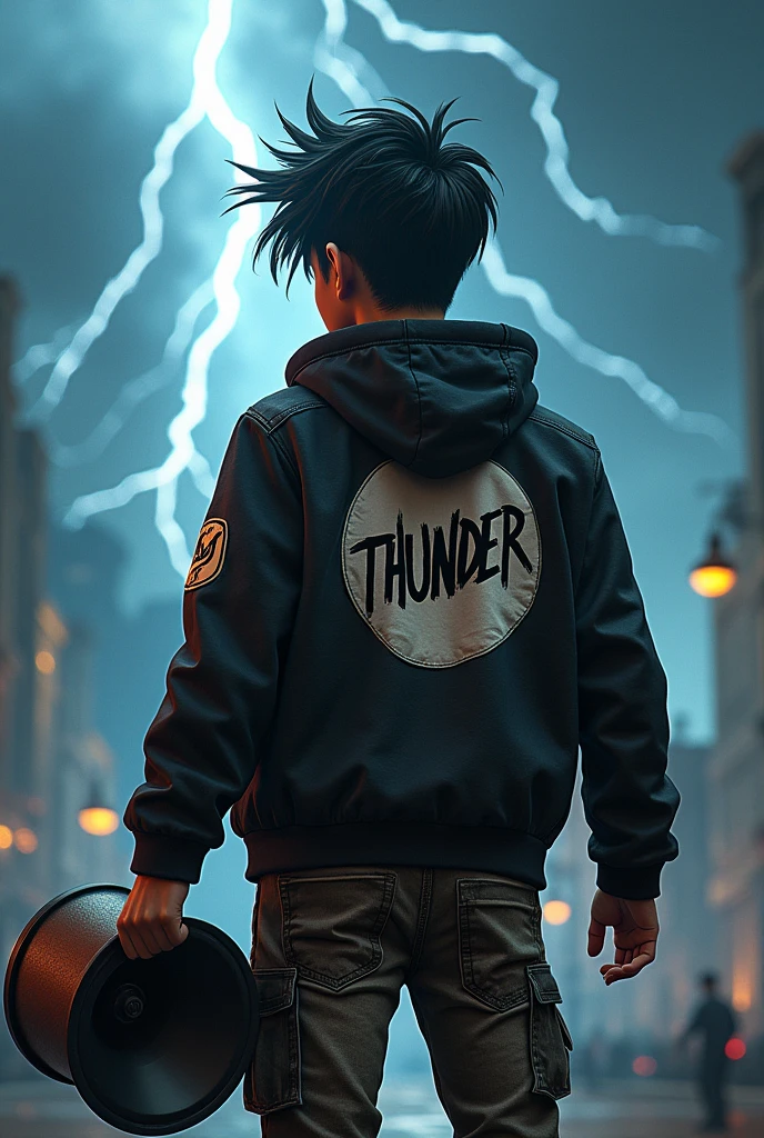 Punk kid holding a loudspeaker and a jacket with thunder written on it with a back view and thunder and the lightning background