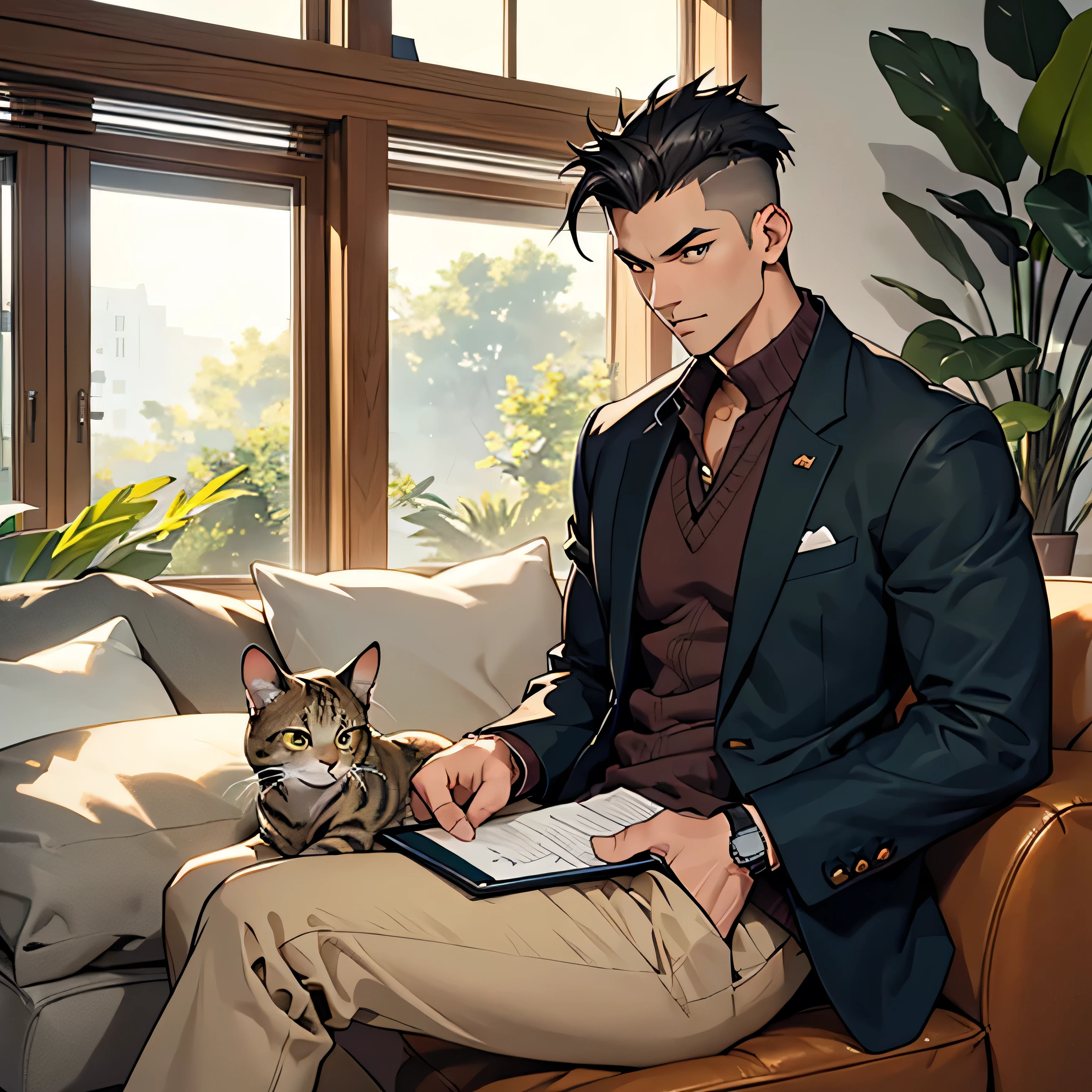 Create an anime-style character portrait of a male graphics designer with a strong, masculine appearance. He has a defined jawline and a chiseled face, with deep-set, intense eyes in a striking, forest green color that convey confidence and creativity. His hair is styled in a modern, textured undercut, with the top left longer and slightly tousled, showcasing a rich dark brown color that adds to his rugged charm. He wears a tailored, navy blue blazer over a crisp white button-up shirt, with the blazer slightly fitted to accentuate his athletic build. The sleeves of the blazer are rolled up to the elbows, giving a relaxed yet sophisticated vibe. Pair this with dark, slim-fit chinos that provide a contemporary look. He completes the outfit with stylish, casual loafers in a complementary color, adding a touch of elegance to his ensemble. A minimalist wristwatch with a leather band and a simple leather bracelet enhance his polished appearance. In the background, set the scene in a cozy, sunlit living room with large windows allowing natural light to pour in. Include elements like a plush, dark gray sofa, a wooden coffee table with design books and sketch pads scattered about, and a couple of potted plants to create a warm, inviting atmosphere. Most importantly, feature a fluffy, tabby cat lounging comfortably on the arm of the sofa, adding a touch of whimsy and comfort to the scene. The cat should be playfully pawing at a sketchbook, creating a sense of peaceful domesticity and balance between the designer's work and his relaxed home life.