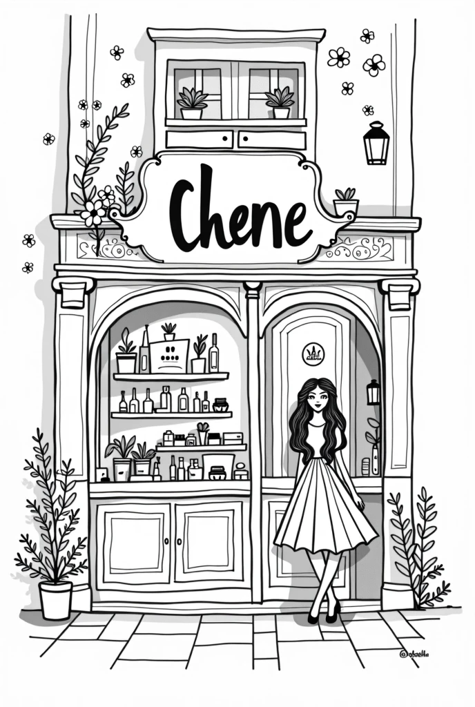 I wrote the word Chene and drew a cute illustration of a beauty salon in black lines.