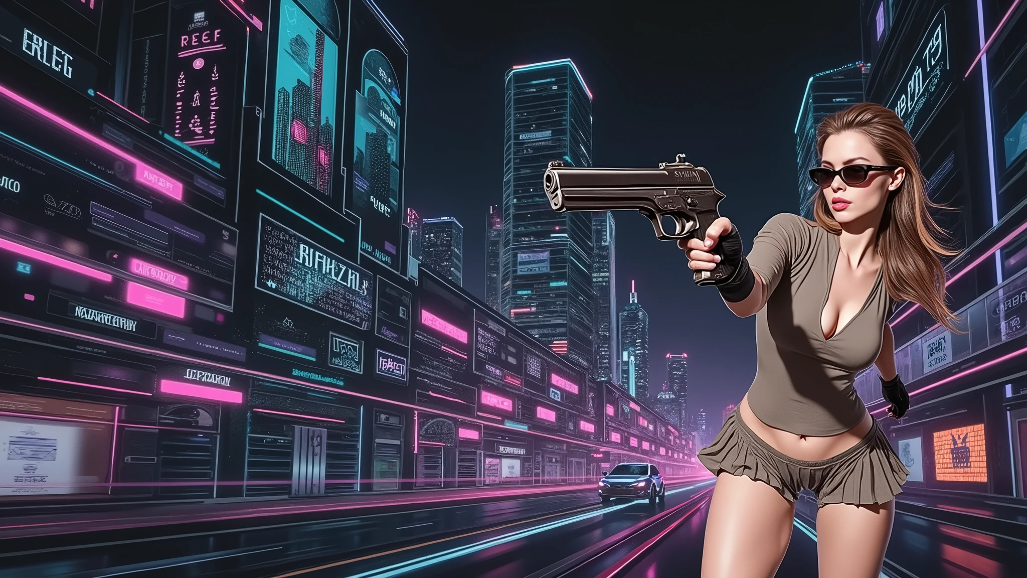 Futuristic cityscapes with colorful all-glass outlined towering skyscrapers with lightning, flying vehicle. High-resolution OLED GUI interfaces in the building, The windows are filled with transparent data visualization infographics that show it all, from weather patterns to traffic flow. Colors are saturated and vibrant. At night, (1girl, solo, alone), photorealistic, large-breast slim:0.6 body, oval:0.5 face, cleavage:1.1, very low angle view of pleated miniskirt, deep-v, (upskirt), glove, (Matrix style black micro sunglasses), (aiming viewer with a short gun), dynamic running pose, (half-body thigh level close-up shot), cinematic lighting, ray tracing, motion blur background.