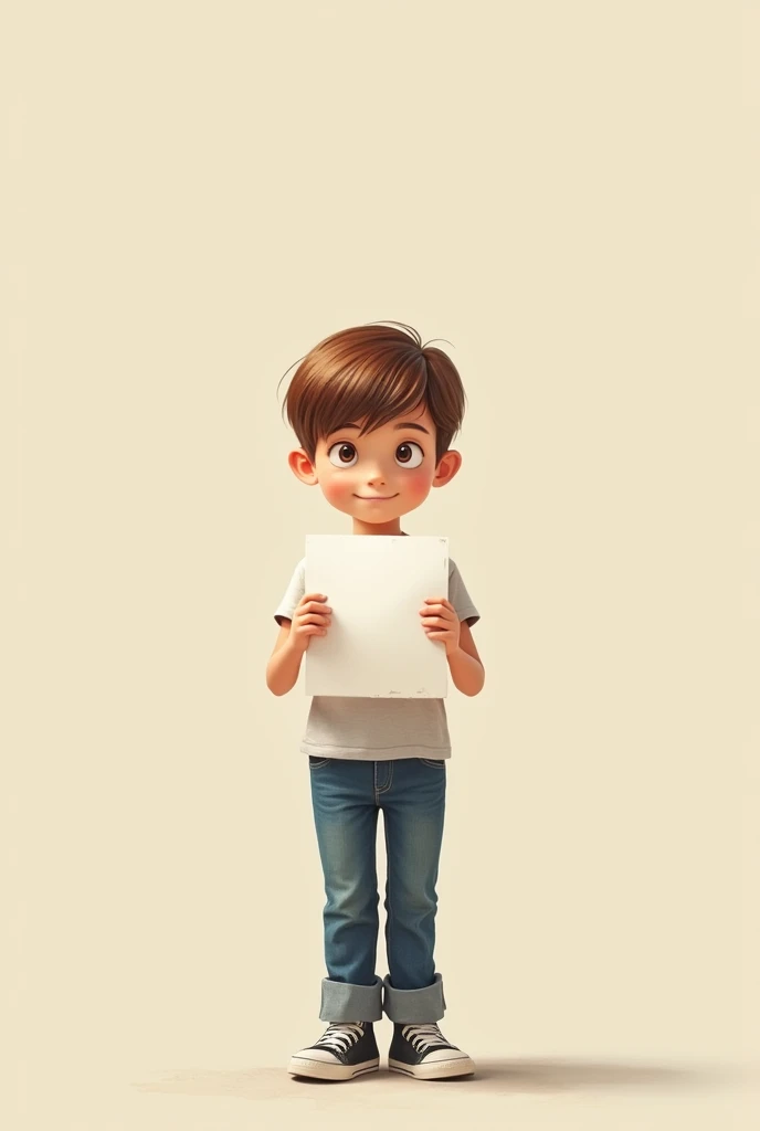 A boy standing holding a piece of paper