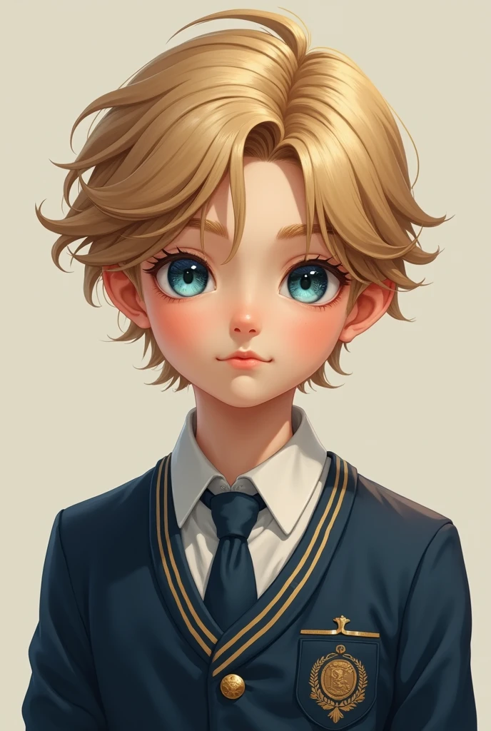 Young blond boy with blue eyes and wavy hair in high school uniform 
