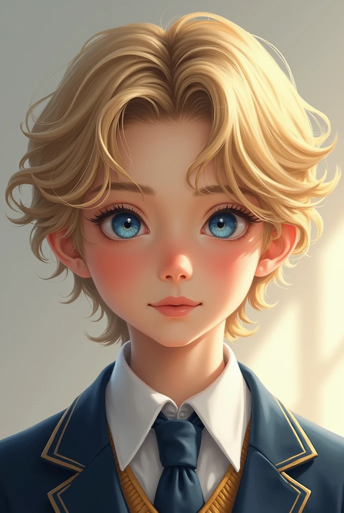 Young blond boy with blue eyes and wavy hair in high school uniform