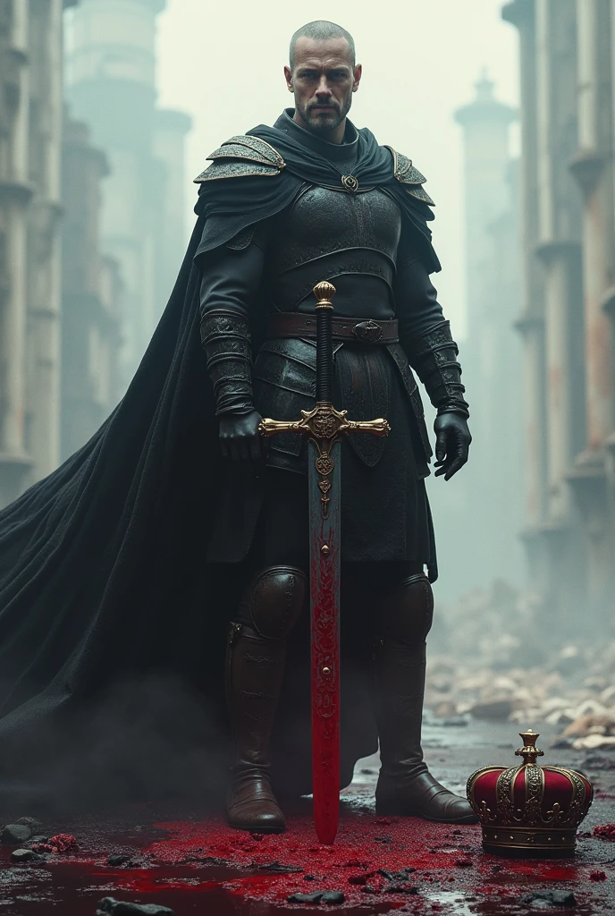 A man defeating many people and his sword is fully coverd with blood and he is wearing his cape and his crown is placed on the ground